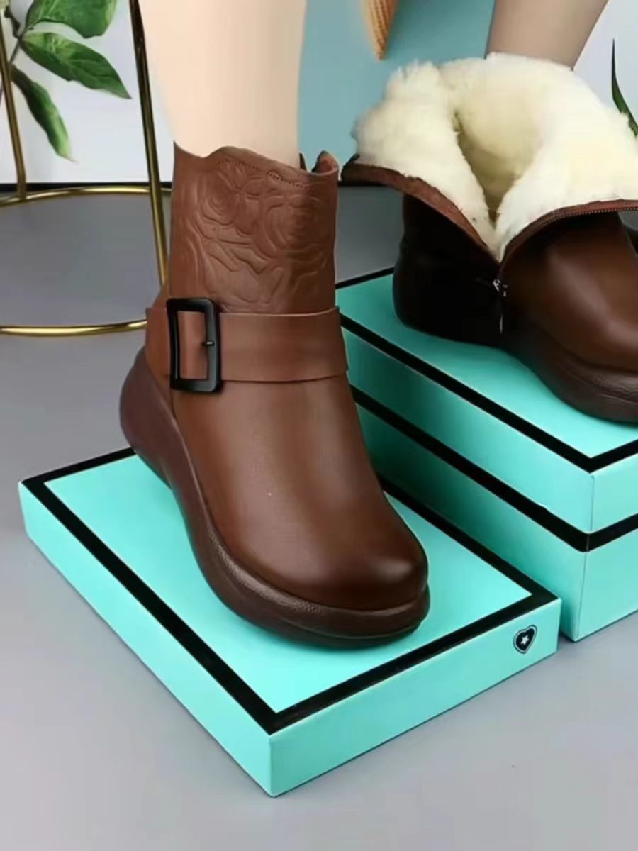 💥💥【35-40】 2025 Zimowe modne skórzane buty termiczne damskie z bocznym zamkiem