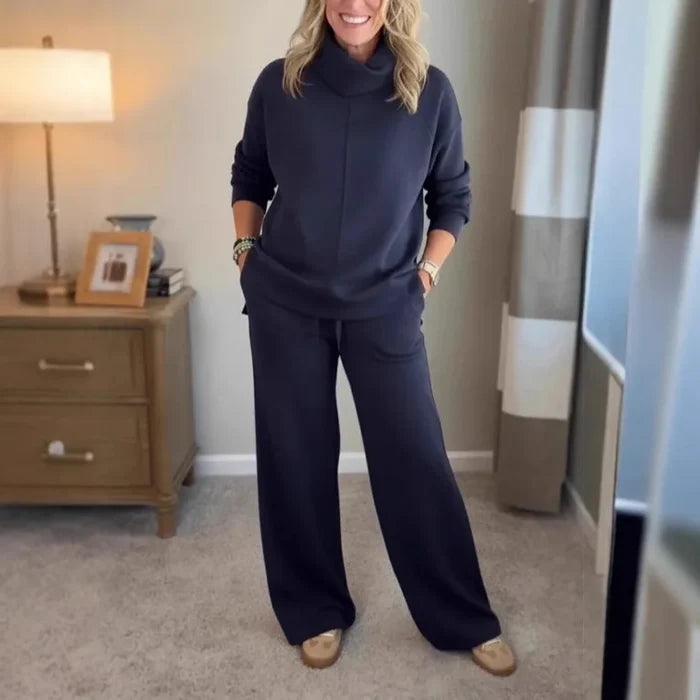 🍂🐏【Nowość – zniżka 50%】Damski dwuczęściowy zestaw na jesień/zimę w jednolitym kolorze: bluza z golfem z czystej bawełny + spodnie casualowe