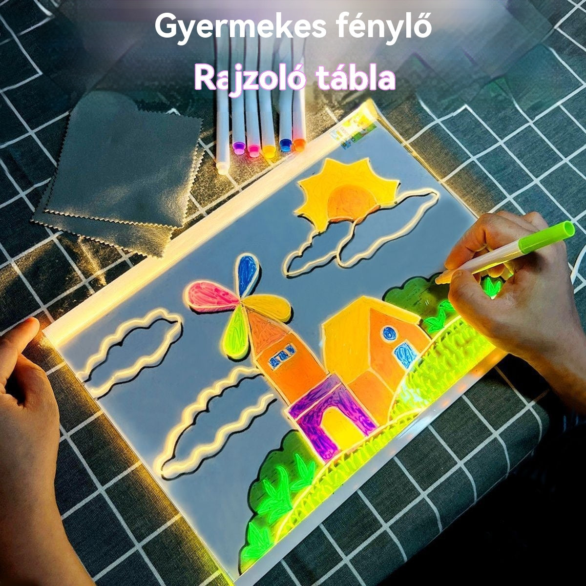 🎨💡✏️🔥Vásárolj 1-et, és kapsz mellé még 1-et ingyen!🔥 Gyermekeknek szánt világító rajztábla – kézzel készített, DIY graffitizéshez, törölhető, oktató fluoreszkáló rajztábla.