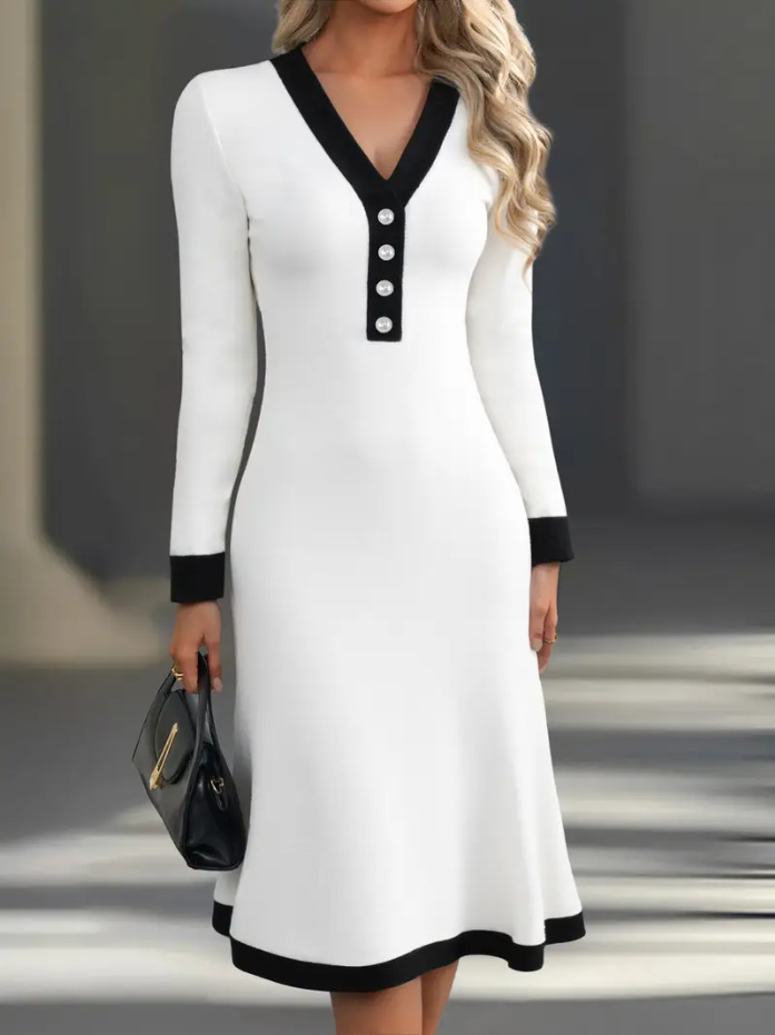 🌷🌞 Jesienno-zimowa damska sukienka z kontrastowym V-dekoltem