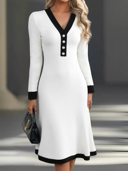 🌷🌞 Jesienno-zimowa damska sukienka z kontrastowym V-dekoltem