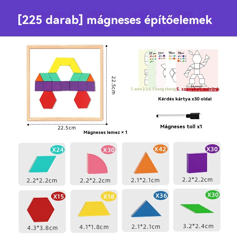 👶🌈🧩【225 darab】🔥Mágneses, fából készült tangram kirakós játék, agytréning és oktató játék gyerekeknek, serkenti a gondolkodást