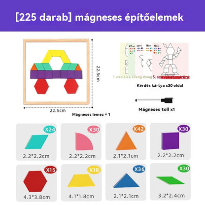 👶🌈🧩【225 darab】🔥Mágneses, fából készült tangram kirakós játék, agytréning és oktató játék gyerekeknek, serkenti a gondolkodást