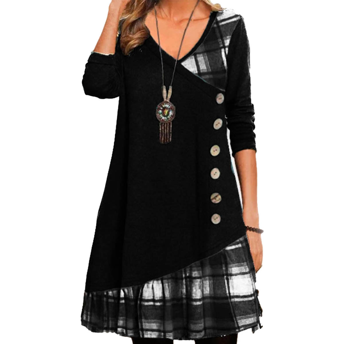 👗【S-3XL】Poletna in jesenska karirasta obleka z dolgimi rokavi