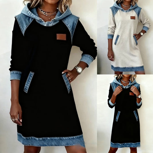 🔥⛄✨🌷🌞 Nowa zimowa modna dżinsowa sukienka z kapturem i patchworkiem