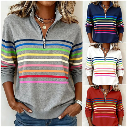 🔥✨【S-5XL】😀👉Stylowa bluza z kołnierzykiem w paski tęczowe i zamkiem błyskawicznym