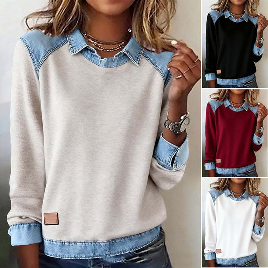 🌷Új téli divatos felső farmer patchworkkel – kényelmes, hosszú ujjú mindennapi viseletre