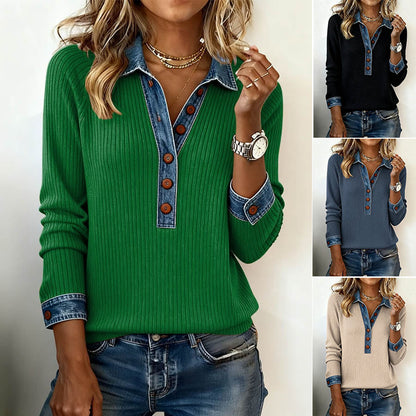 🌷Új téli divatos felső farmer patchworkkel – kényelmes, hosszú ujjú mindennapi viseletre