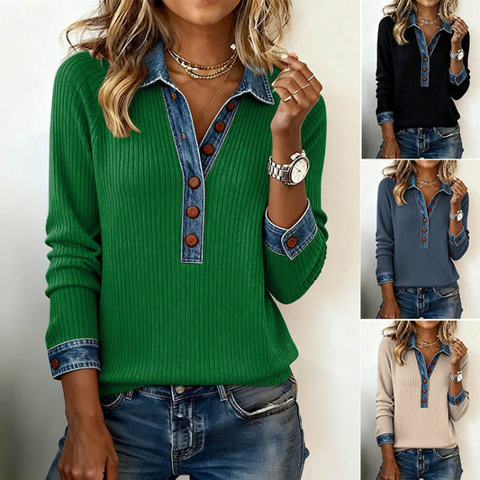 🌷Új téli divatos felső farmer patchworkkel – kényelmes, hosszú ujjú mindennapi viseletre