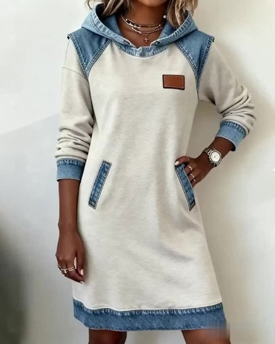 🔥⛄✨🌷🌞 Nowa zimowa modna dżinsowa sukienka z kapturem i patchworkiem