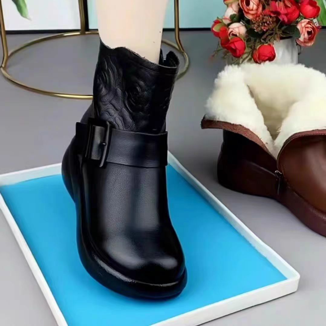 💥💥【35-40】 2025 Zimowe modne skórzane buty termiczne damskie z bocznym zamkiem