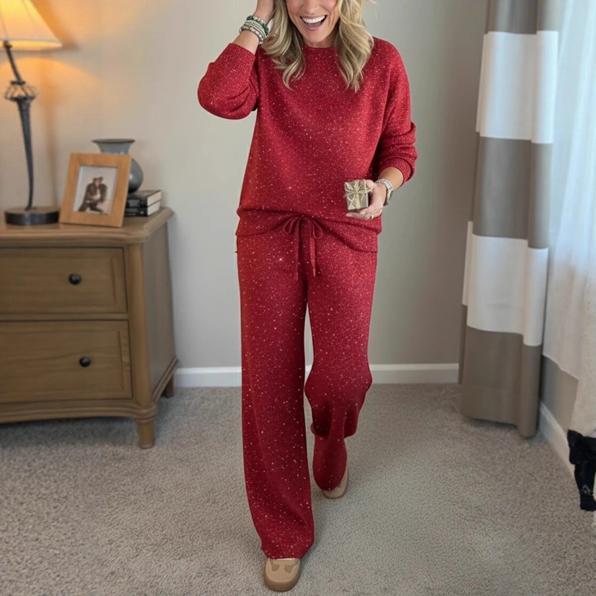 📢📢50% kedvezmény!🔥 Női két részből álló szett, amely egy öves pulóvert és egy nadrágot tartalmaz