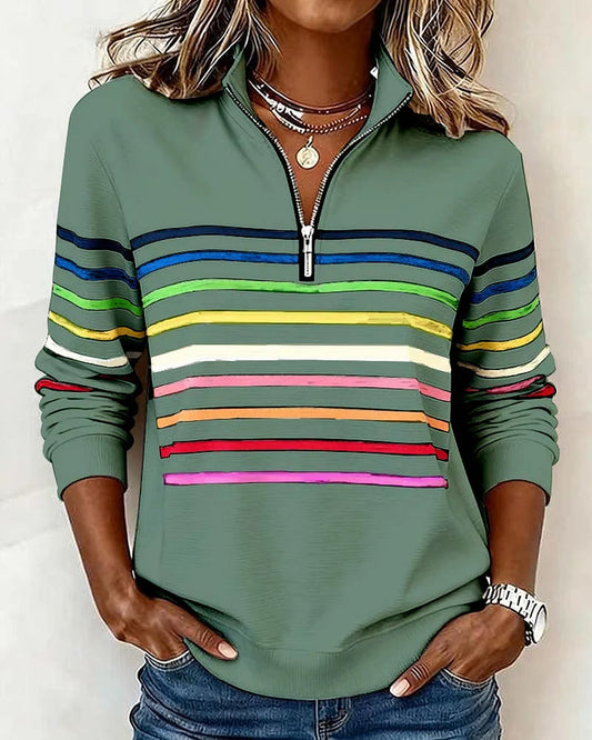 🔥✨【S-5XL】😀👉Stylowa bluza z kołnierzykiem w paski tęczowe i zamkiem błyskawicznym