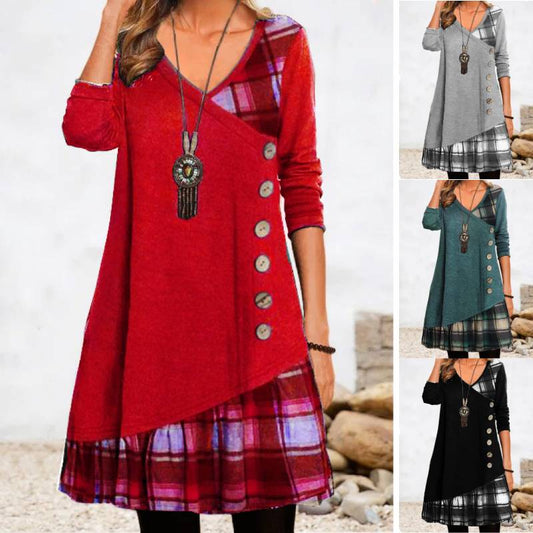 👗【S-3XL】Poletna in jesenska karirasta obleka z dolgimi rokavi