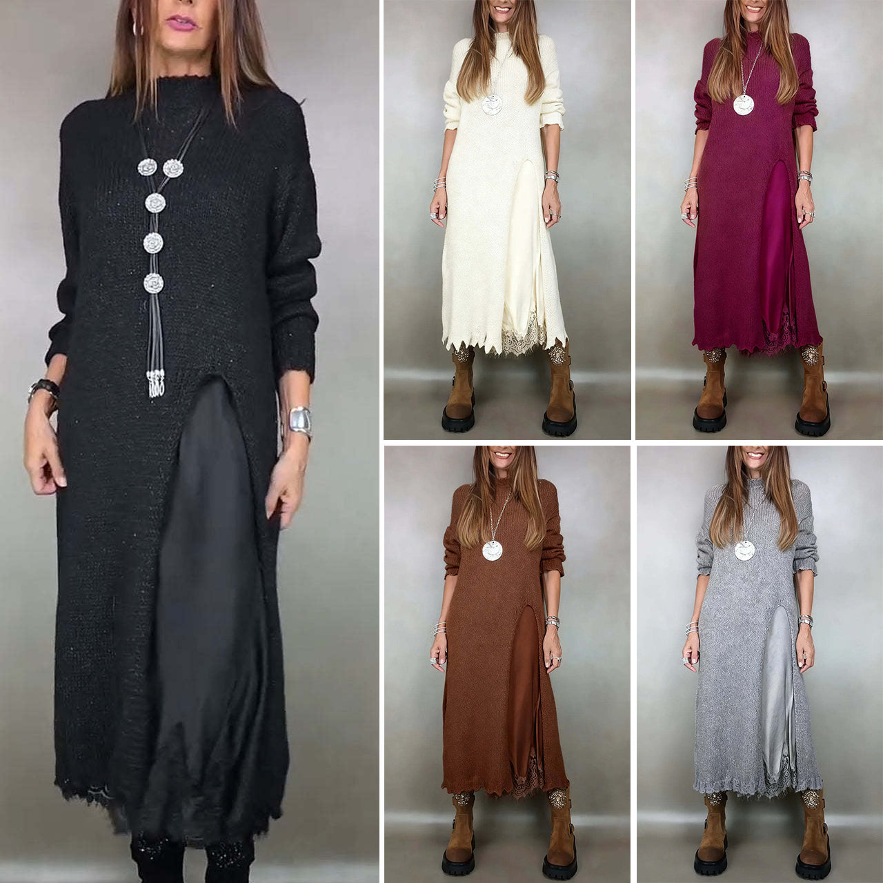 【XS–3XL】👗 Új őszi csipkés szett hasítékkal és kötött mintával