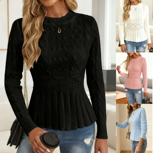 🌟Nowa sukienka retro z dzianiny kablowej z okrągłym dekoltem i długim rękawem dla kobiet, wąska talia, sweter z plisowaną górą