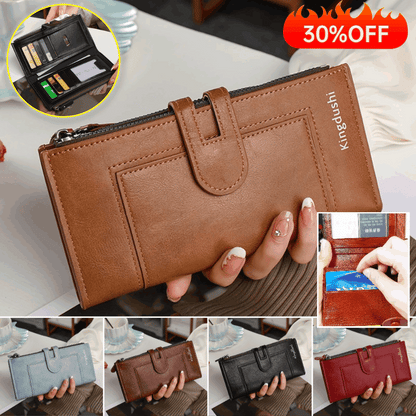 💰Portfel z prawdziwej skóry w stylu vintage, z podwójnym zamkiem błyskawicznym i wieloma przegródkami na karty dla kobiet