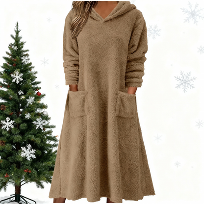 Nowa luźna polarowa sukienka z kapturem i długimi rękawami do użytku domowego 2025