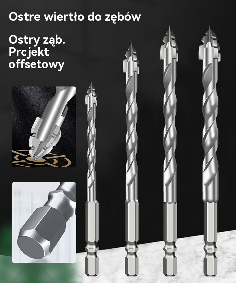 【6+8+10+12 mm】Nowe czterokrawędziowe wiertła mimośrodowe ze stali wolframowej, odpowiednie do wiercenia na sucho w płytkach, betonie, marmurze i szkle