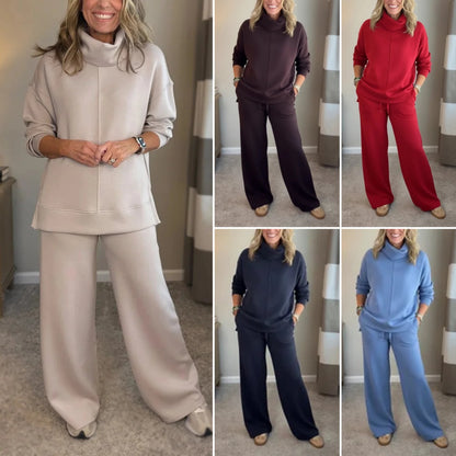 🍂🐏【Nowość – zniżka 50%】Damski dwuczęściowy zestaw na jesień/zimę w jednolitym kolorze: bluza z golfem z czystej bawełny + spodnie casualowe