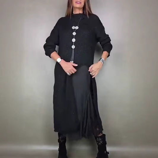 【XS–3XL】👗 Új őszi csipkés szett hasítékkal és kötött mintával