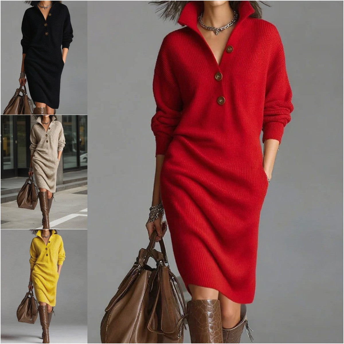 🔥【S-3XL】2025 Új európai és amerikai stílusú galléros kötött ruha_4166546