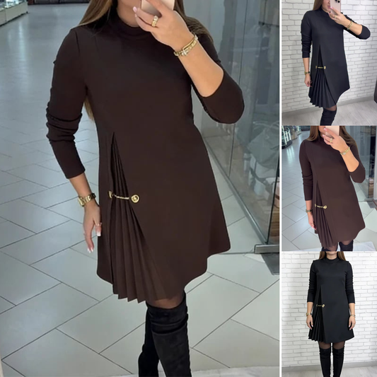 👗Nowa czarna sukienka z długim rękawem i marszczeniami u dołu, o eleganckim fasonie-4212122