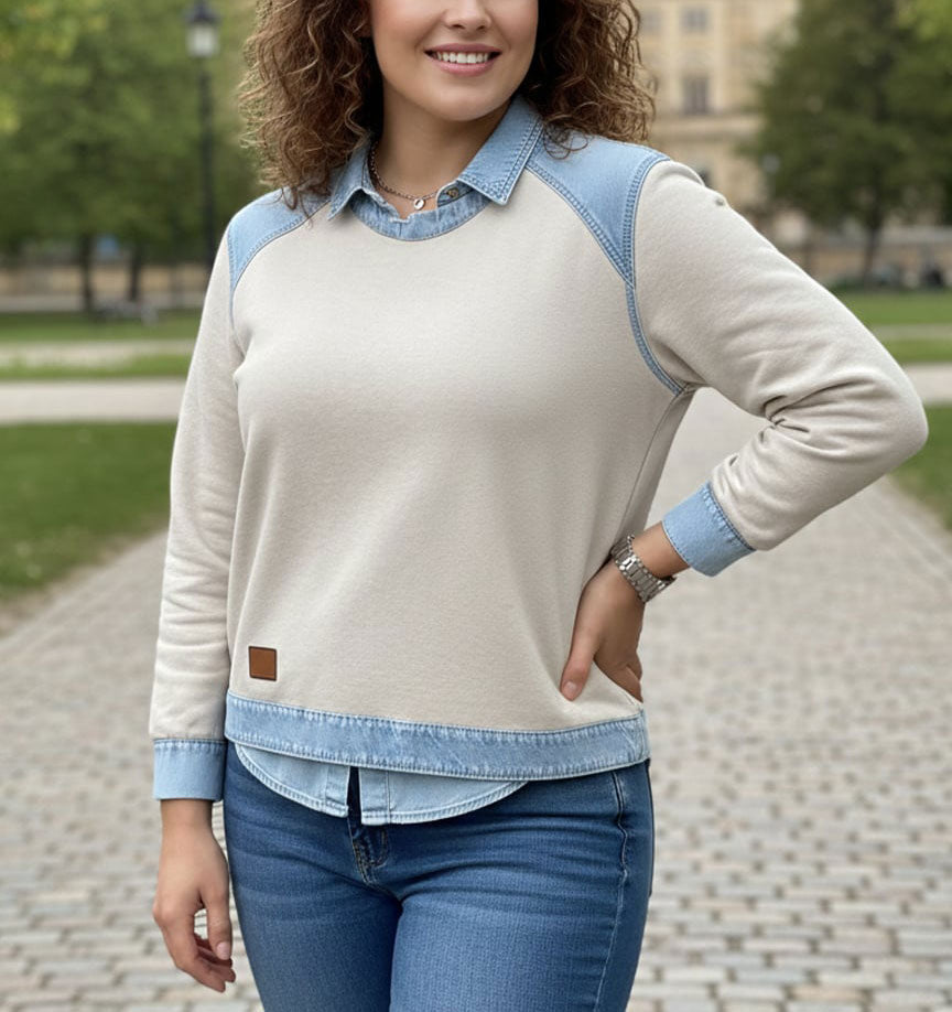 🌷Új téli divatos felső farmer patchworkkel – kényelmes, hosszú ujjú mindennapi viseletre