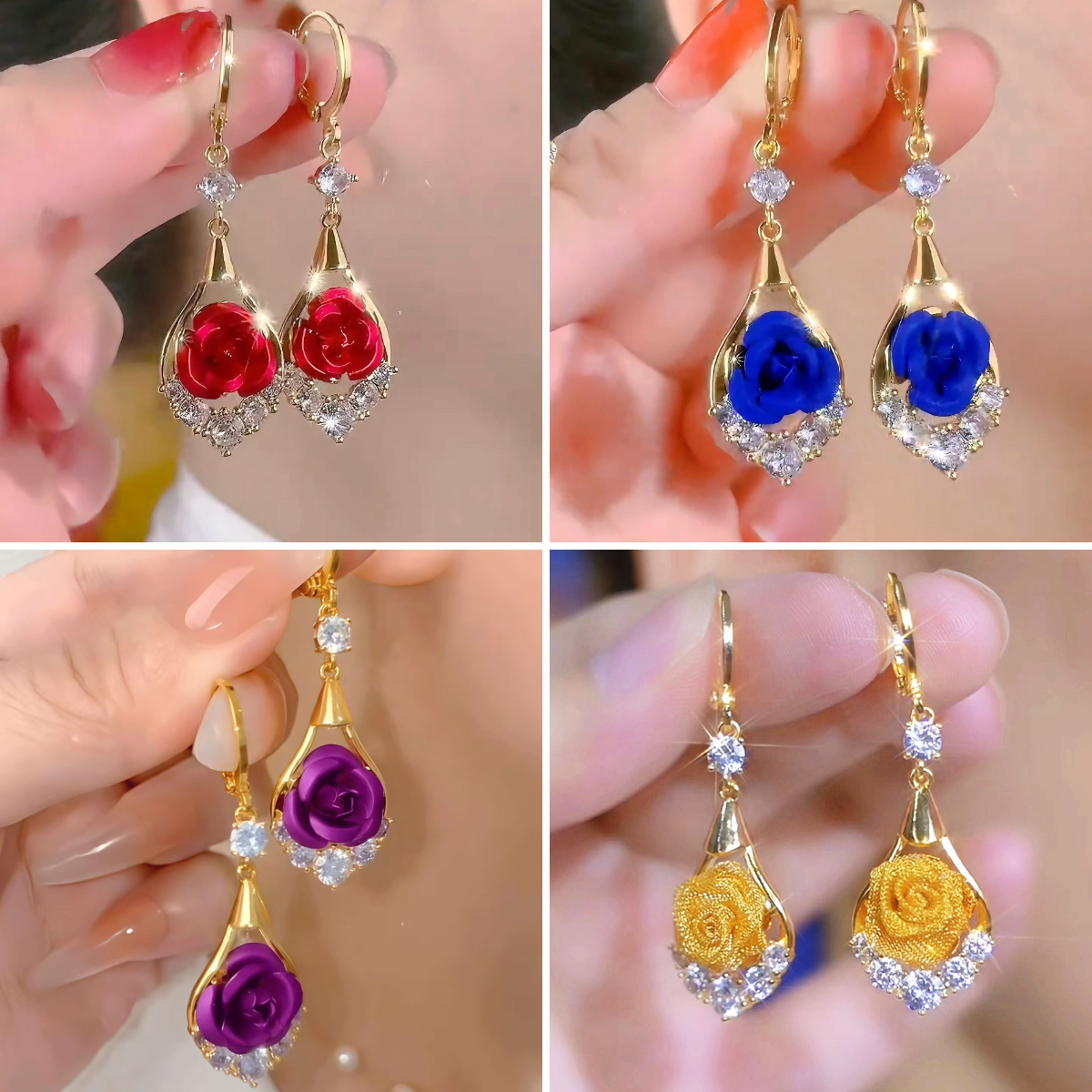 🌹✨【Vásároljon 1 párat, és kapjon 1 párat ingyen】Luxus, elegáns, gyémántokkal kirakott rózsa fülbevalók