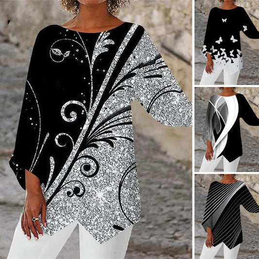 🔥【40-100 kg】Nowa koszula z nadrukiem, okrągłym dekoltem i długim rękawem 2025