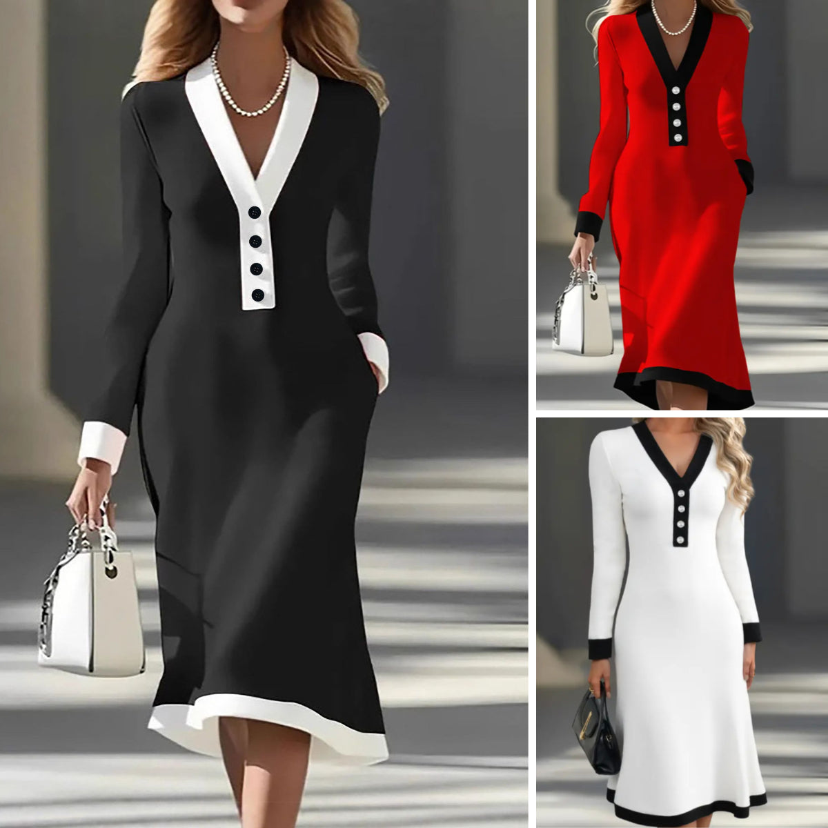 🌷🌞 Jesienno-zimowa damska sukienka z kontrastowym V-dekoltem