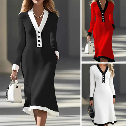 🌷🌞 Jesienno-zimowa damska sukienka z kontrastowym V-dekoltem