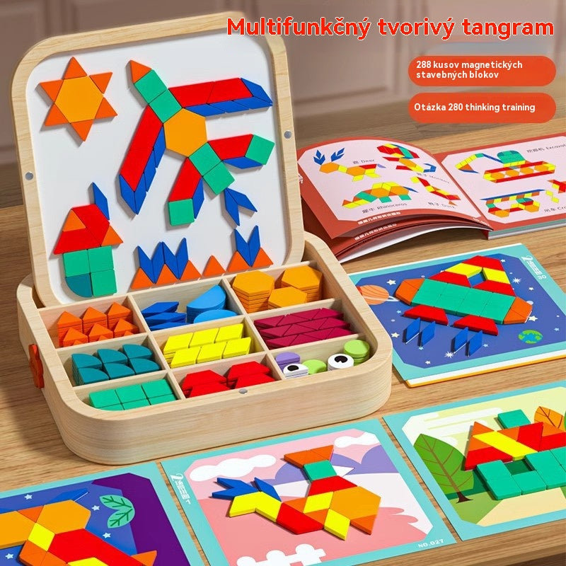 👶🌈🧩【225 darab】🔥Mágneses, fából készült tangram kirakós játék, agytréning és oktató játék gyerekeknek, serkenti a gondolkodást