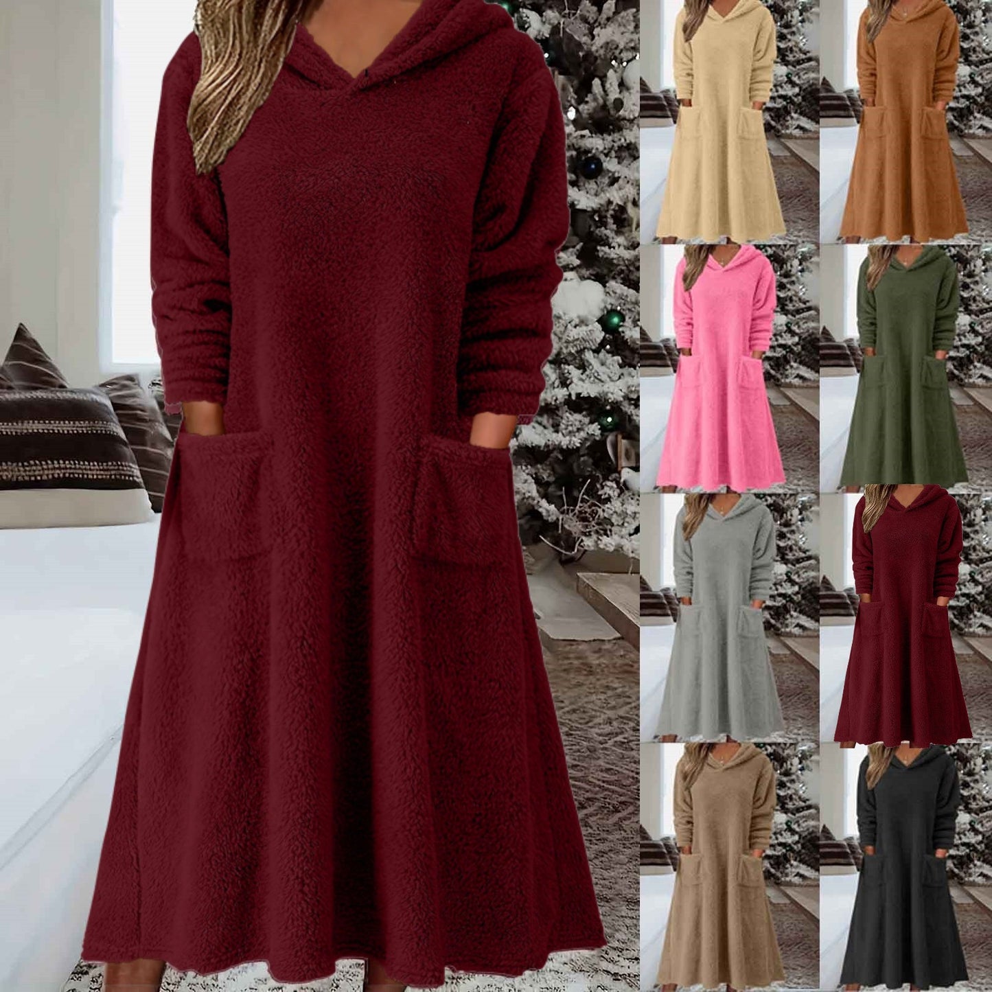 Nowa luźna polarowa sukienka z kapturem i długimi rękawami do użytku domowego 2025