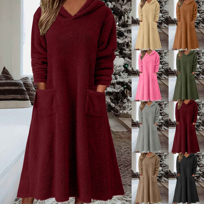 Nowa luźna polarowa sukienka z kapturem i długimi rękawami do użytku domowego 2025