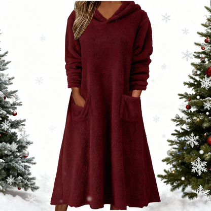 Nowa luźna polarowa sukienka z kapturem i długimi rękawami do użytku domowego 2025