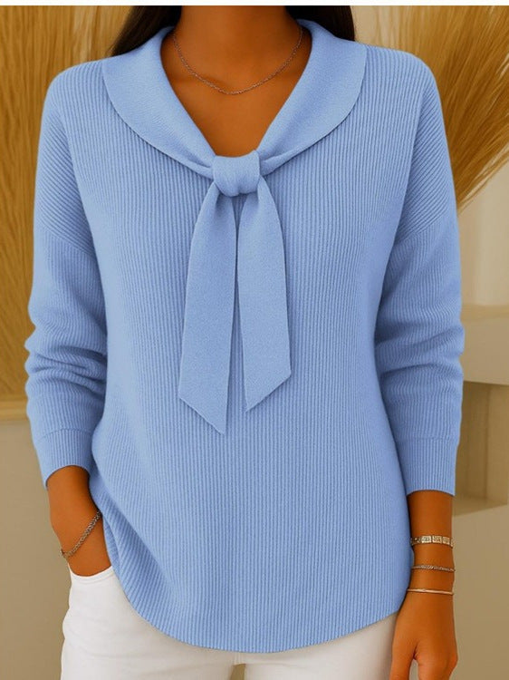 【S-2XL】Sweter damski w jednolitym kolorze z wiązaniem i długim rękawem, swobodny i luźny