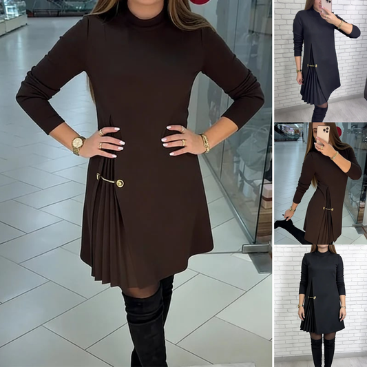 👗Nowa czarna sukienka z długim rękawem i marszczeniami u dołu, o eleganckim fasonie-4212122