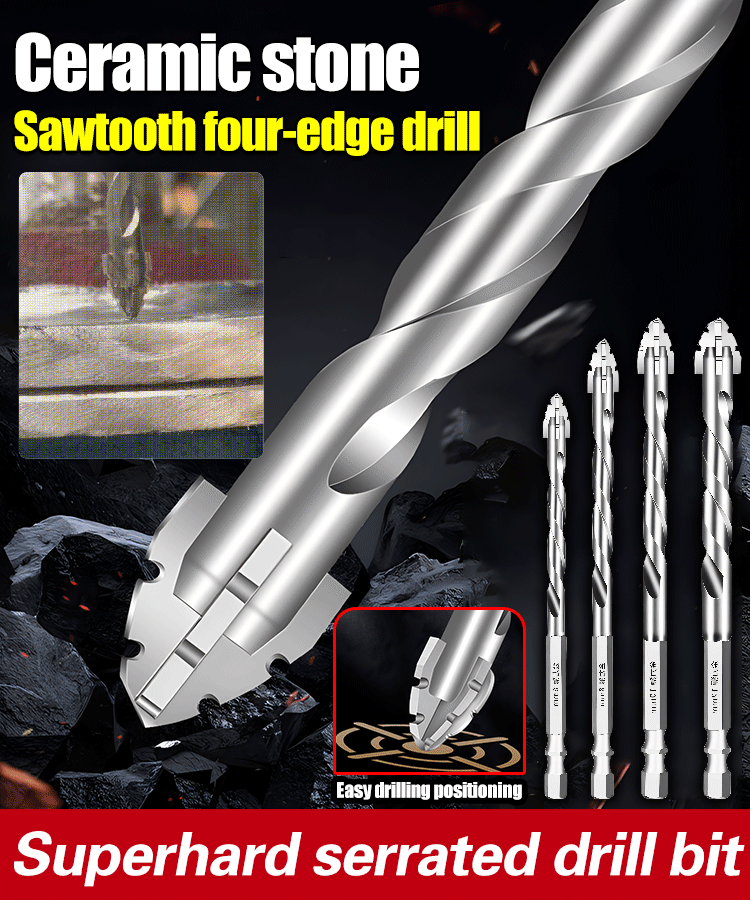 【6+8+10+12 mm】Nowe czterokrawędziowe wiertła mimośrodowe ze stali wolframowej, odpowiednie do wiercenia na sucho w płytkach, betonie, marmurze i szkle