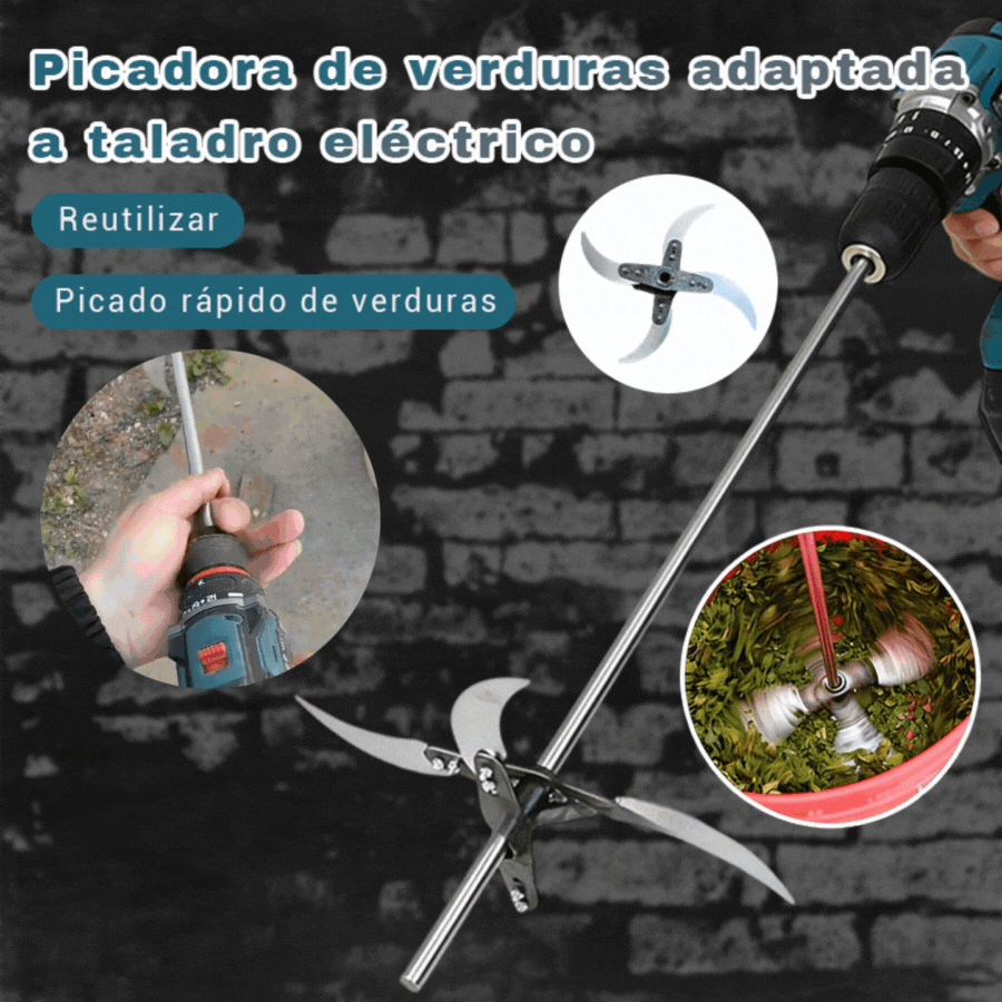 Zöldségaprítóvá átalakított elektromos fúró, elektromos fúró-fűnyíró, speciálisan vastagított pengetartó talp