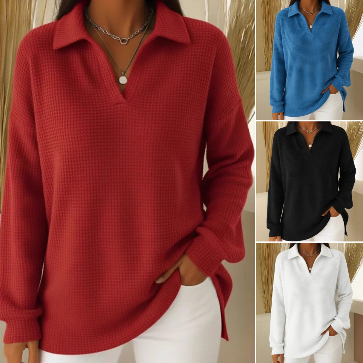 🥼Nowy stylowy jednokolorowy, luźny, ocieplany sweter z kołnierzem i długim rękawem